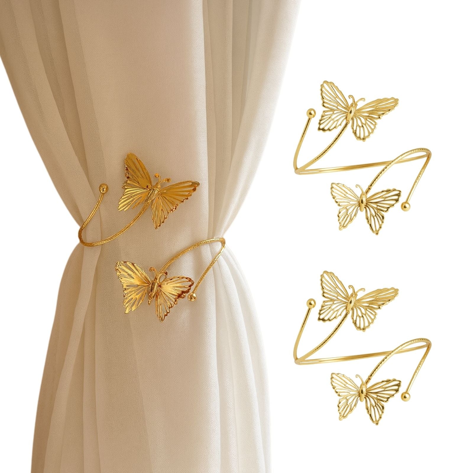 Kit 02 Prendedores de cortina Luxo Borboleta Dourada Aro Recartilhado